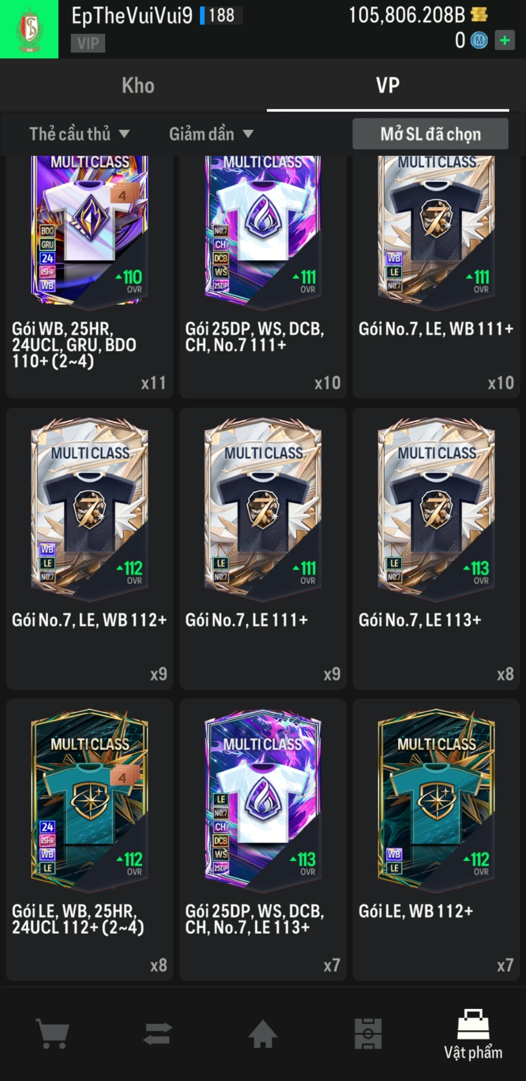 Ảnh ACC mở thẻ (LOẠI SVIP PROMAX) bao gồm có 01 thẻ +12, 03 thẻ PRIME (QH+, CP+, XS+) và hơn 1500+ đến 1600+ thẻ cầu thủ từ Siêu sao đến Miền núi các loại. Acc có sẵn BP trắng từ 90.000 tỷ BP đến 110.000 tỷ BP kèm theo nhiều ngày SVIP